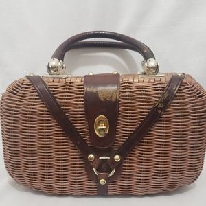 Vintage 1960's Wicker And Leather Basket Hand Bag
